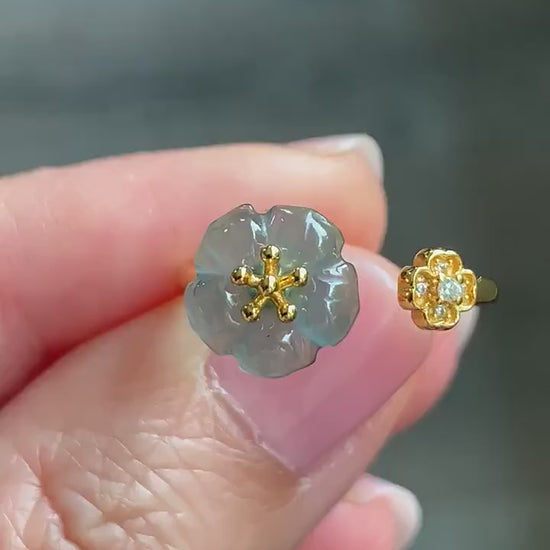 Natural Guatemalan Icy Highly Translucent Gelatinous Teal Blue Jadeite Cherry Blossom Open Band Ring Sterling Silver Size 7 天然高冰危蓝翡翠梅花开口银镶戒指