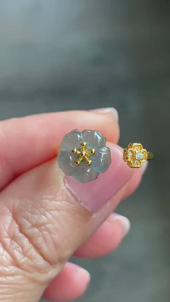 Natural Guatemalan Icy Highly Translucent Gelatinous Teal Blue Jadeite Cherry Blossom Open Band Ring Sterling Silver Size 7 天然高冰危蓝翡翠梅花开口银镶戒指