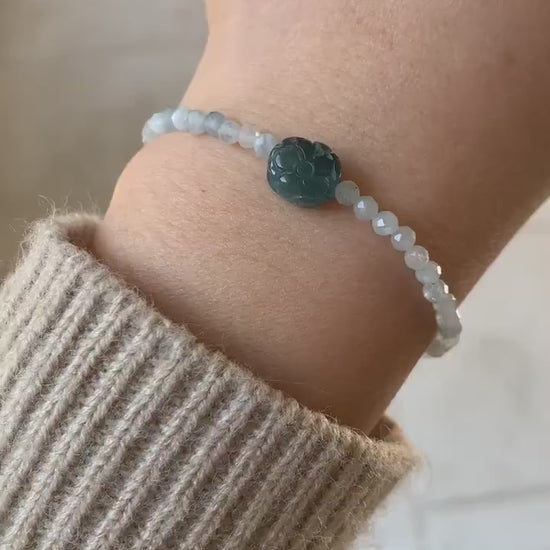 Natural Guatemalan Icy Blue Jadeite Engraved Bead Natural Faceted Aquamarine Beaded Bracelet Adjustable Sterling Silver 天然冰危蓝翡翠仿古雕珠海蓝宝珠手串