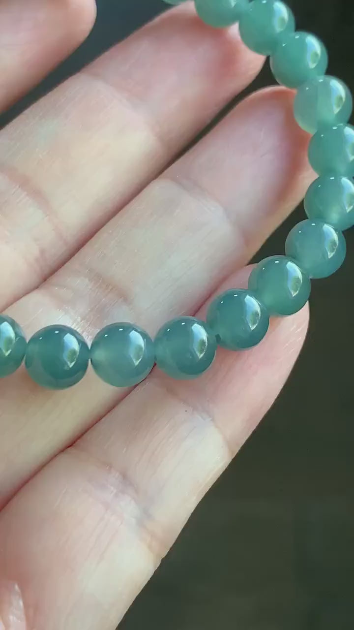 Natural Guatemalan A Graded Icy Translucent Dark Teal Blue Jadeite Beaded Bracelet 6.7mm 6.25” 14g Stretchy 天然冰危湖水蓝翡翠手串 QLLW113