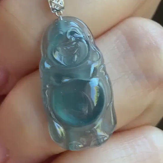 Petite Natural Guatemalan Premium Icy Highly Translucent Indigo Blue Jadeite Standing Buddha Pendant 18K White Gold 天然冰危蓝起光翡翠站佛公镶嵌吊坠 C