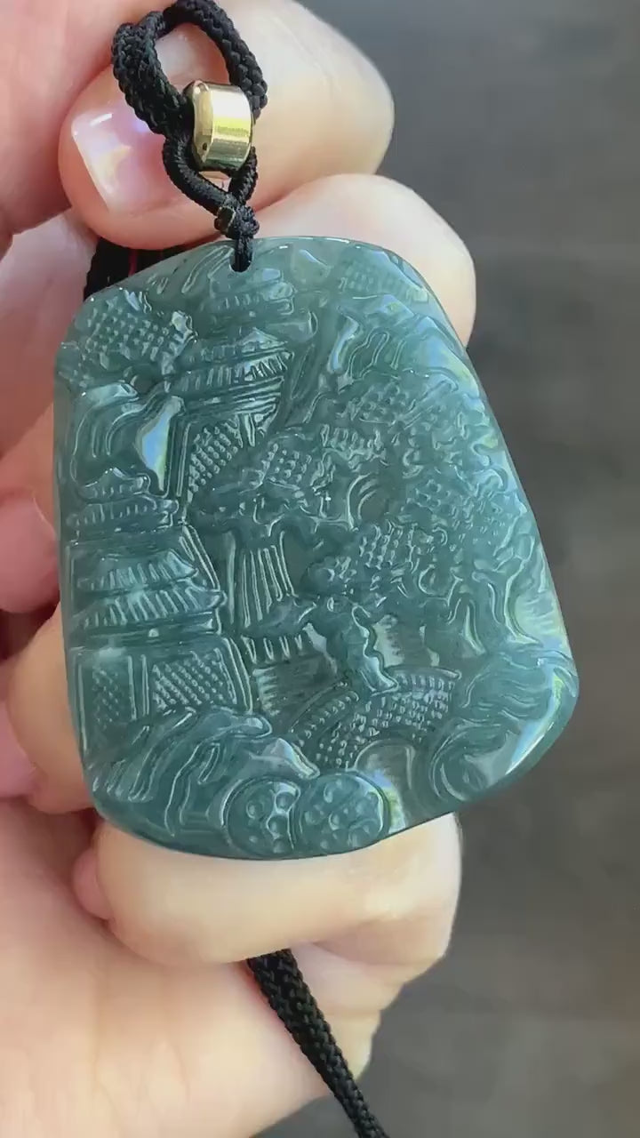 Natural Guatemalan Dark Dusty Teal Blue Jadeite Carved Shan Shui Pai Landscape Tag Pendant Rope Necklace 25” 21g 天然冰危暗蓝绿翡翠山水牌吊坠 SHS522A