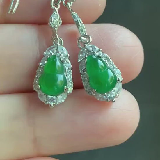 Natural Guatemalan Premium Icy Highly Translucent Vibrant Green Jadeite Hulu/Gourd Dangle Earrings S925 Silver 天然危地马拉正高冰绿翡翠葫芦银镶耳钩