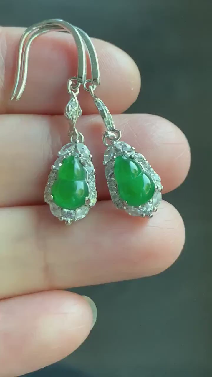 Natural Guatemalan Premium Icy Highly Translucent Vibrant Green Jadeite Hulu/Gourd Dangle Earrings S925 Silver 天然危地马拉正高冰绿翡翠葫芦银镶耳钩