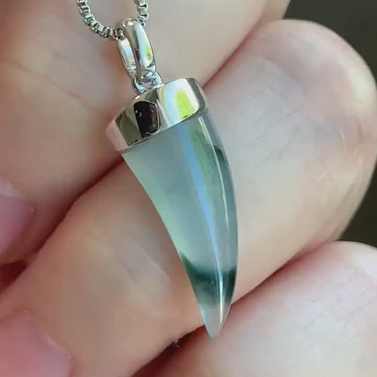 Certified Natural Burmese Icy Translucent Jadeite w/ Dark Green Marbling Dragon Tooth Pendant 18K White Gold 天然缅甸老种冰胶飘花翡翠龙牙镶嵌吊坠 3290