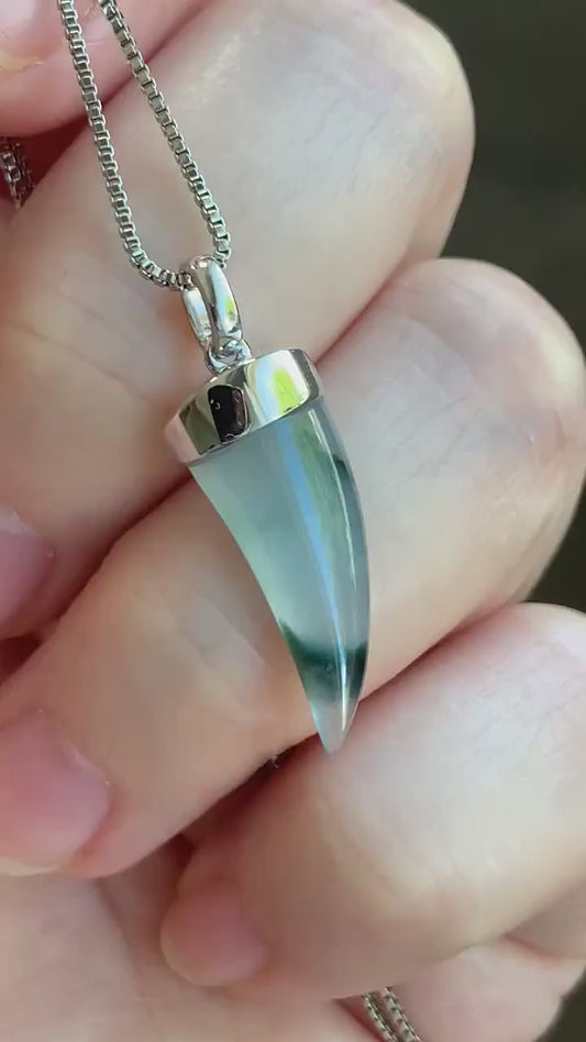 Certified Natural Burmese Icy Translucent Jadeite w/ Dark Green Marbling Dragon Tooth Pendant 18K White Gold 天然缅甸老种冰胶飘花翡翠龙牙镶嵌吊坠 3290