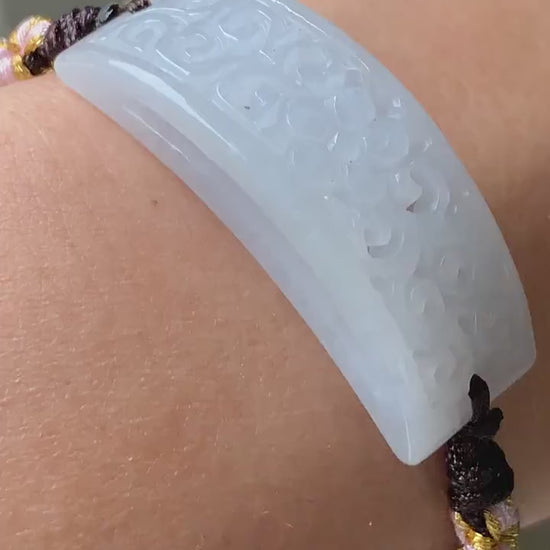 Natural Burmese Icy Translucent & Gelatinous White Jadeite Openwork Engraving Rope Bracelet Adjustable 6-10” 天然缅甸白冰玛瑙底翡翠镂空雕手牌