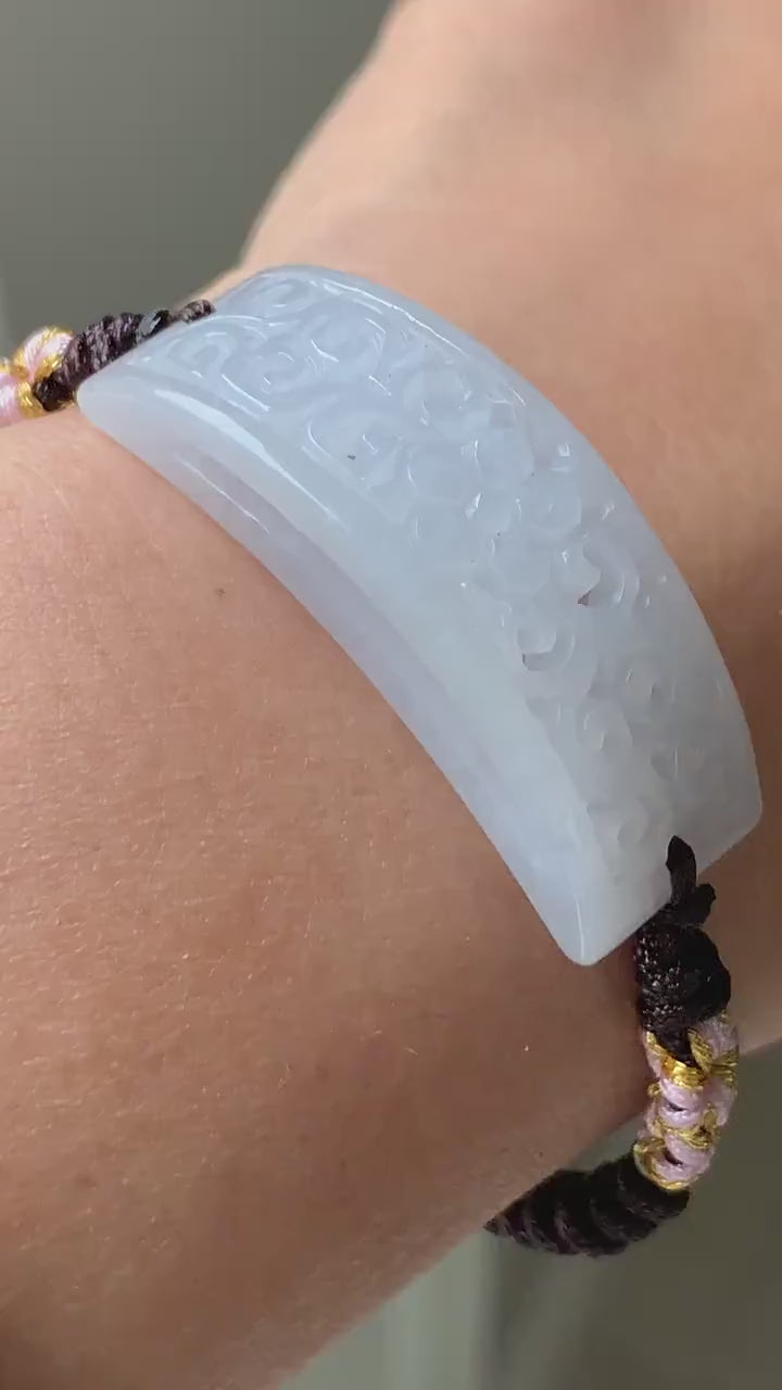 Natural Burmese Icy Translucent & Gelatinous White Jadeite Openwork Engraving Rope Bracelet Adjustable 6-10” 天然缅甸白冰玛瑙底翡翠镂空雕手牌