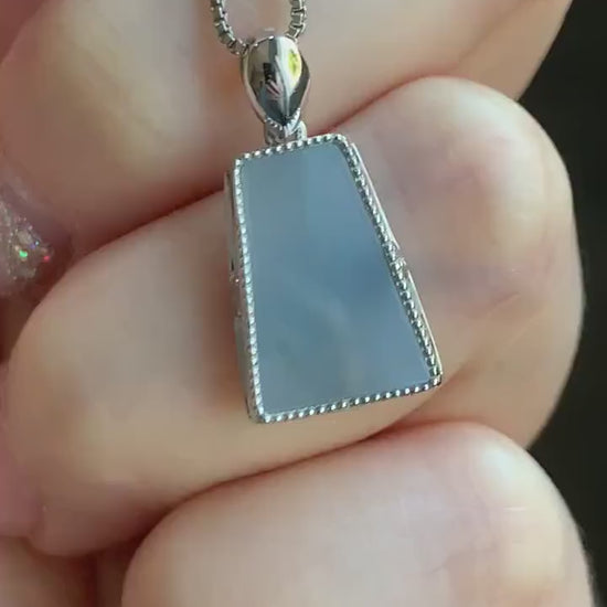 Certified Natural Burmese Icy Translucent Light Purplish Blue Jadeite Trapezoid Shaped Wu Shi Pai Pendant 18K White Gold 天然缅甸冰淡蓝紫翡翠梯形无事牌吊坠
