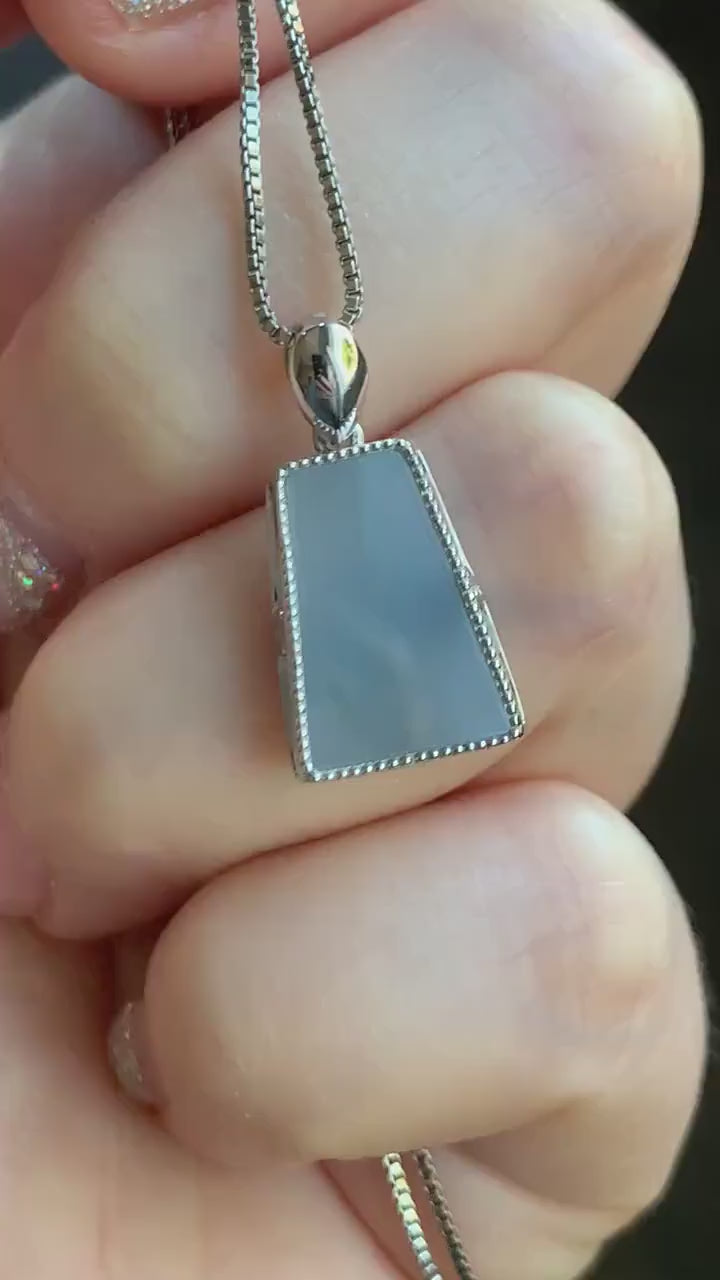 Certified Natural Burmese Icy Translucent Light Purplish Blue Jadeite Trapezoid Shaped Wu Shi Pai Pendant 18K White Gold 天然缅甸冰淡蓝紫翡翠梯形无事牌吊坠