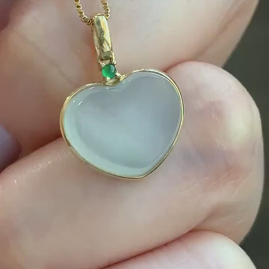 Certified Natural Burmese grade A Icy Translucent Light Green Jadeite Faceted Heart Pendant 18K Yellow Gold 2g 天然缅甸冰晴底翡翠爱心镶嵌吊坠 3026