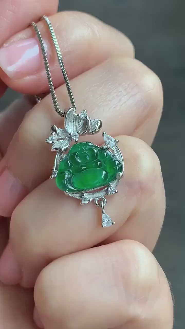 Petite Natural Guatemalan Icy Translucent Vibrant Green Jadeite Carved Buddha Pendant Sterling Silver 天然冰危绿翡翠佛公镶嵌吊坠