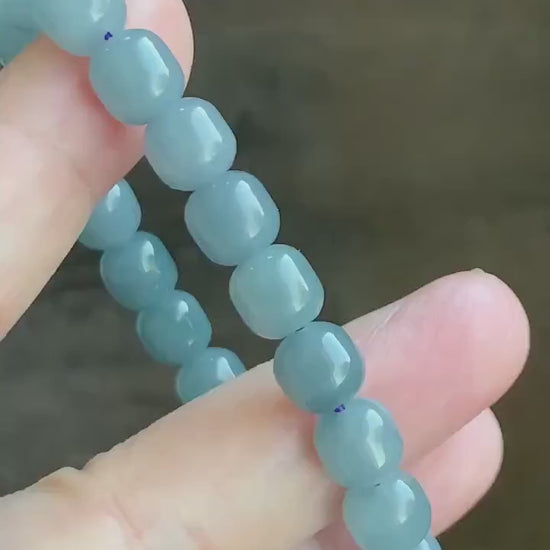 Natural Guatemalan Icy Translucent Light Dusty Blue Jadeite Apple Beads Beaded Bracelet Stretchy 6.75” 24g 天然冰危蓝水翡翠苹果珠手串 WLG675