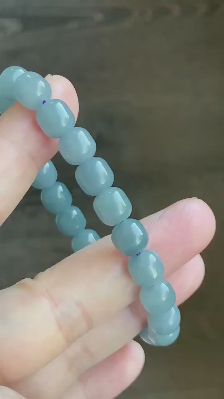 Natural Guatemalan Icy Translucent Light Dusty Blue Jadeite Apple Beads Beaded Bracelet Stretchy 6.75” 24g 天然冰危蓝水翡翠苹果珠手串 WLG675