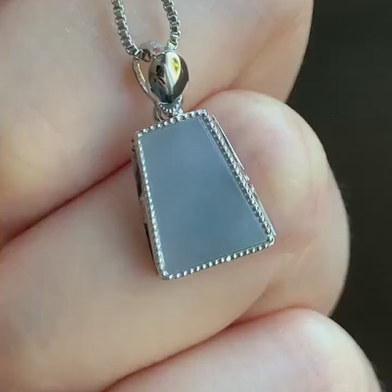 Certified Natural Burmese Icy Translucent Light Purplish Blue Jadeite Trapezoid Shaped Wu Shi Pai Pendant 18K White Gold 天然缅甸冰淡蓝紫翡翠梯形无事牌吊坠