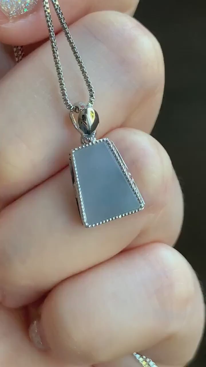 Certified Natural Burmese Icy Translucent Light Purplish Blue Jadeite Trapezoid Shaped Wu Shi Pai Pendant 18K White Gold 天然缅甸冰淡蓝紫翡翠梯形无事牌吊坠