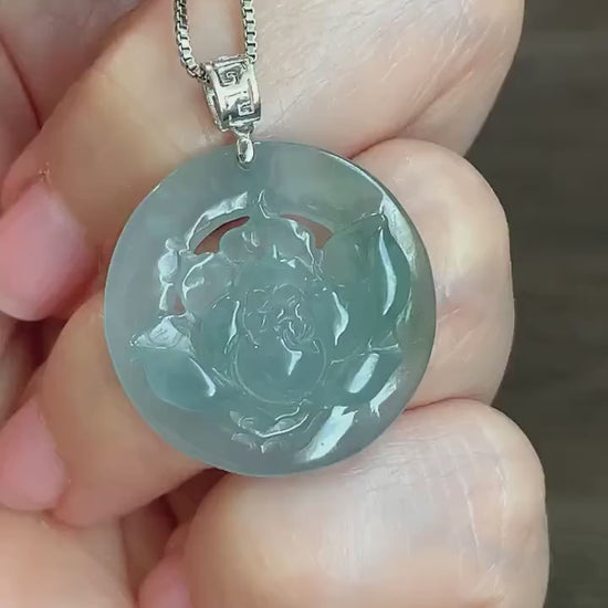Natural Guatemalan Icy Highly Translucent Light Dusty Blue Jadeite Lotus Flower Circle Pendant 18K White Gold 天然冰危淡蓝翡翠莲花圈镶嵌吊坠 YHH-B