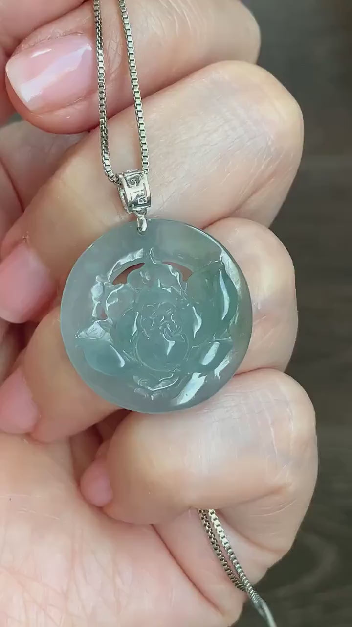Natural Guatemalan Icy Highly Translucent Light Dusty Blue Jadeite Lotus Flower Circle Pendant 18K White Gold 天然冰危淡蓝翡翠莲花圈镶嵌吊坠 YHH-B