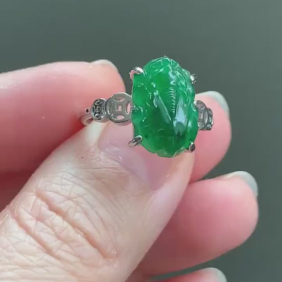 Natural Guatemalan Icy Translucent Vibrant Green Jadeite Carved Pixiu Ring S925 Sterling Silver Size 7 Adjustable 天然高冰危绿翡翠貔貅银镶戒指 WPX223