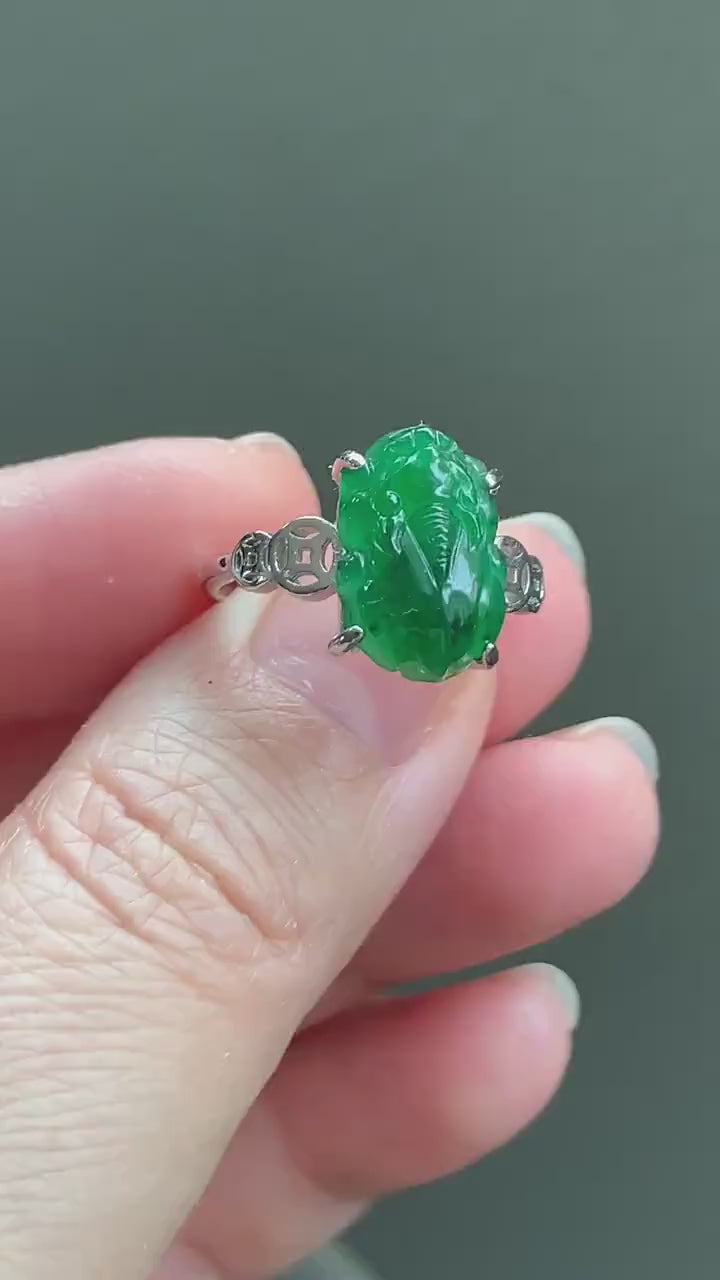 Natural Guatemalan Icy Translucent Vibrant Green Jadeite Carved Pixiu Ring S925 Sterling Silver Size 7 Adjustable 天然高冰危绿翡翠貔貅银镶戒指 WPX223