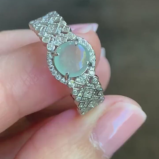 Natural Burmese Icy Highly Translucent Light Bluish Green Jadeite Ring 925 Sterling Silver 6.4x6.5mm Size Adjustable 天然缅甸起光冰晴蓝底翡翠银镶戒指 MXG66C