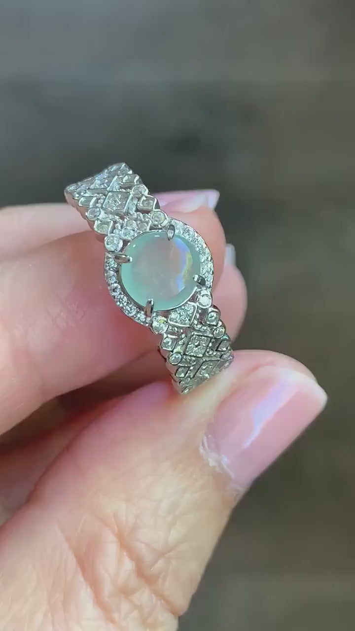 Natural Burmese Icy Highly Translucent Light Bluish Green Jadeite Ring 925 Sterling Silver 6.4x6.5mm Size Adjustable 天然缅甸起光冰晴蓝底翡翠银镶戒指 MXG66C