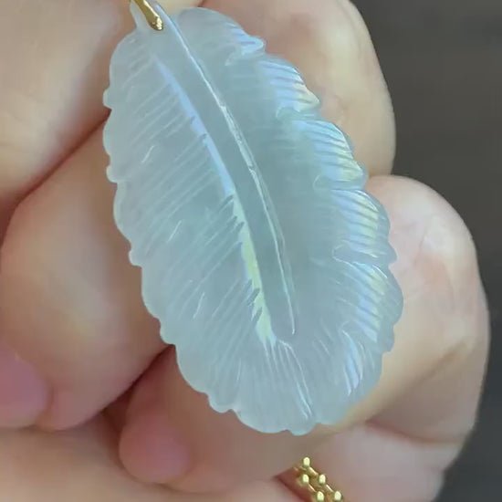 Natural Burmese Icy Translucent Light Green Jadeite Carved Feather Pendant 18K Yellow Gold 天然缅甸冰淡晴底翡翠羽毛镶嵌吊坠 B830