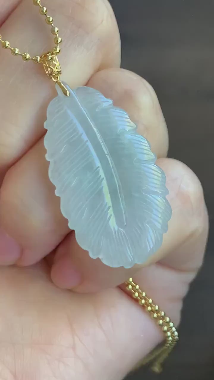 Natural Burmese Icy Translucent Light Green Jadeite Carved Feather Pendant 18K Yellow Gold 天然缅甸冰淡晴底翡翠羽毛镶嵌吊坠 B830