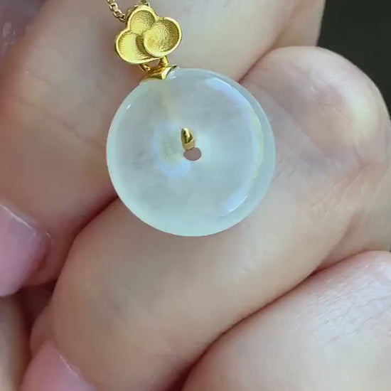 Certified Natural Burmese Icy Highly Translucent White Jadeite Petite Ping An Kou Donut Pendant 18K Yellow Gold 天然缅甸正白冰翡翠平安扣仿古款镶嵌吊坠 3029