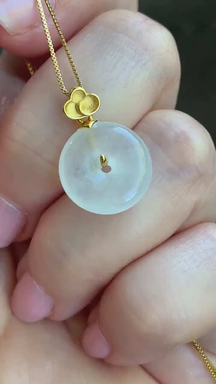 Certified Natural Burmese Icy Highly Translucent White Jadeite Petite Ping An Kou Donut Pendant 18K Yellow Gold 天然缅甸正白冰翡翠平安扣仿古款镶嵌吊坠 3029