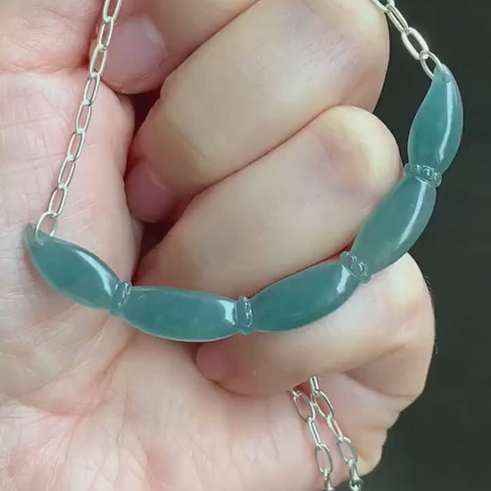 Natural Guatemalan Icy Translucent Teal Blue Jadeite Lotus Root Crescent Pendant Sterling Silver Necklace 21” Adjustable 天然冰胶危料蓝水翡翠莲藕玉横足银项链