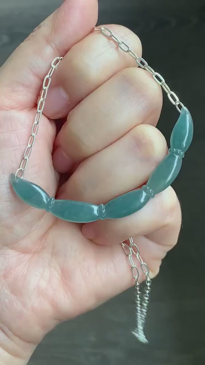 Natural Guatemalan Icy Translucent Teal Blue Jadeite Lotus Root Crescent Pendant Sterling Silver Necklace 21” Adjustable 天然冰胶危料蓝水翡翠莲藕玉横足银项链