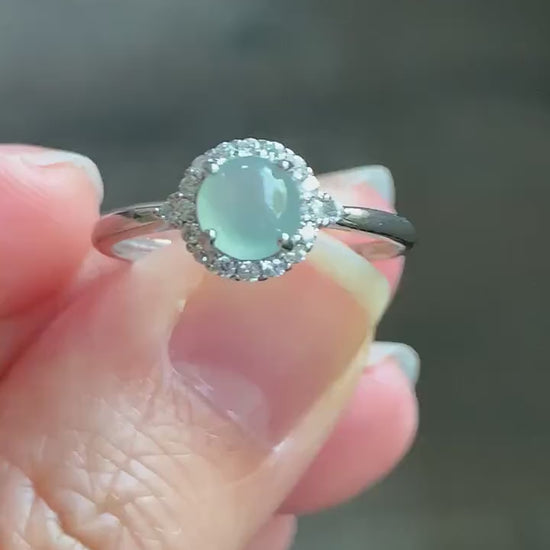 Natural Burmese Icy Highly Translucent Light Green Jadeite Ring Sterling Silver Size 7 Adjustable 天然缅甸冰淡晴底翡翠银镶戒指 221H
