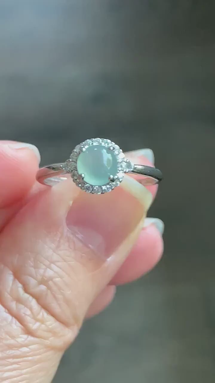 Natural Burmese Icy Highly Translucent Light Green Jadeite Ring Sterling Silver Size 7 Adjustable 天然缅甸冰淡晴底翡翠银镶戒指 221H