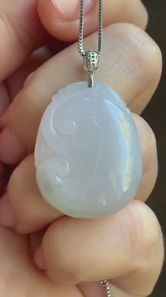 Natural Burmese Icy Translucent Light Lilac Light Green Marbled Jadeite Carved Ruyi Pendant 18K White Gold 8g 天然缅甸细糯冰淡春彩翡翠如意镶嵌吊坠