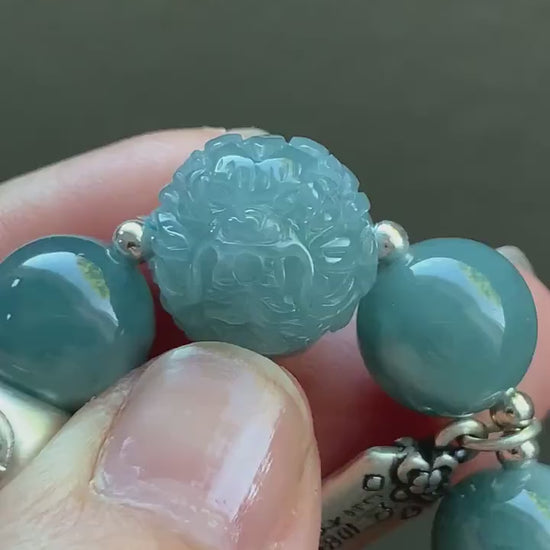 Natural Guatemalan Icy Translucent Dark Dusty Blue Jadeite Dragon Bead Beaded Bracelet Sterling Silver 6.75” 11.2mm 40g 天然冰危暗蓝翡翠龙珠手串 QLZ315S