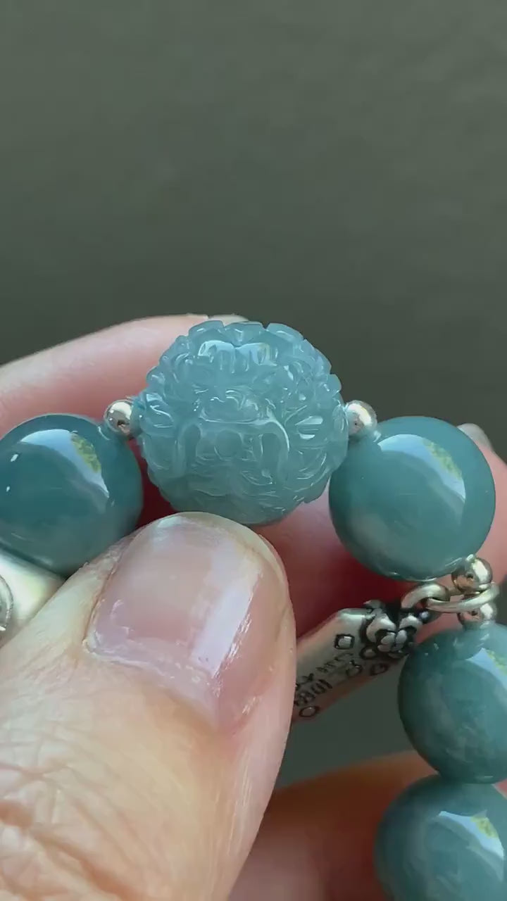 Natural Guatemalan Icy Translucent Dark Dusty Blue Jadeite Dragon Bead Beaded Bracelet Sterling Silver 6.75” 11.2mm 40g 天然冰危暗蓝翡翠龙珠手串 QLZ315S