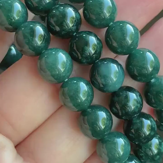 Natural Guatemalan Icy Translucent Dark Teal Green Jadeite Beaded Bracelet Stretchy 9.8mm 7.5” 33g 天然冰危糯种深绿翡翠圆珠手串 LLS1221