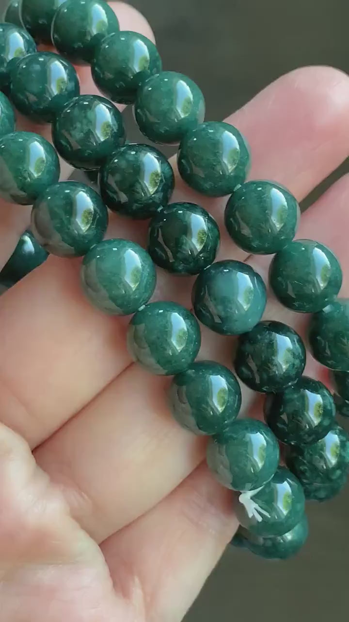 Natural Guatemalan Icy Translucent Dark Teal Green Jadeite Beaded Bracelet Stretchy 9.8mm 7.5” 33g 天然冰危糯种深绿翡翠圆珠手串 LLS1221