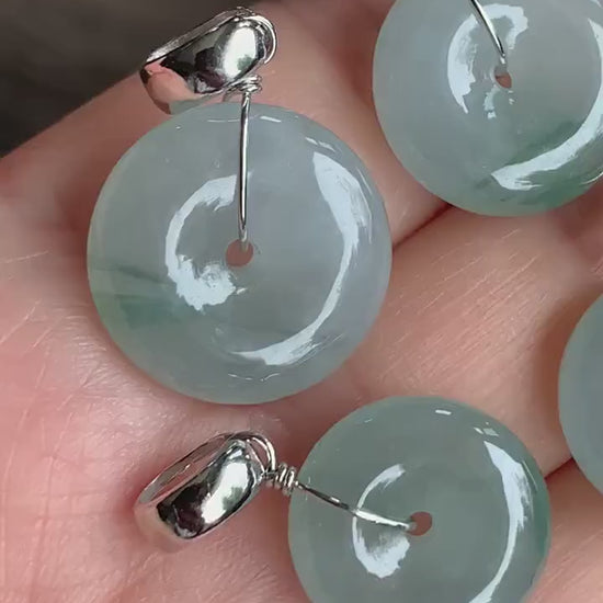 Natural Burmese Icy Translucent Gelatinous Light Green Jadeite w/ Green Marbling Ping An Kou Donut Pendant Sterling Silver 天然缅甸糯冰晴底飘花翡翠平安扣吊坠