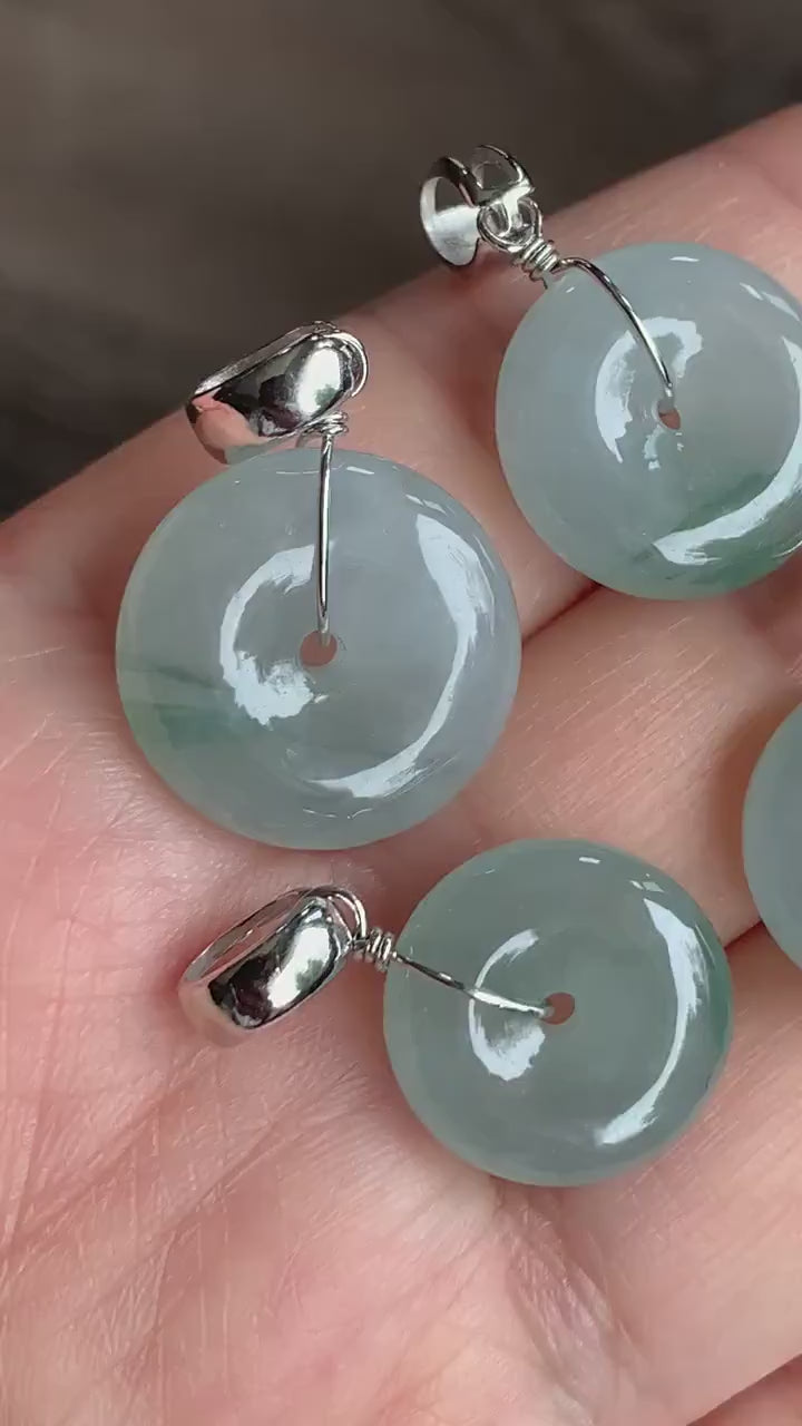 Natural Burmese Icy Translucent Gelatinous Light Green Jadeite w/ Green Marbling Ping An Kou Donut Pendant Sterling Silver 天然缅甸糯冰晴底飘花翡翠平安扣吊坠