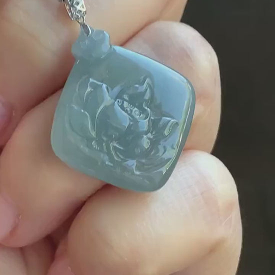 Natural Guatemalan Icy Translucent Light Dusty Blue Jadeite Lotus Flower Pendant 18K White Gold 4g 天然冰危淡蓝翡翠莲花镶嵌吊坠 LDQL