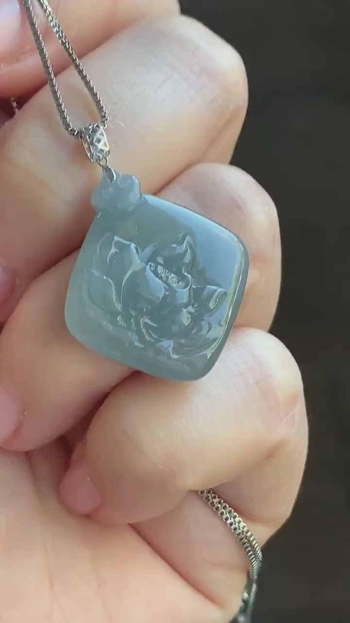 Natural Guatemalan Icy Translucent Light Dusty Blue Jadeite Lotus Flower Pendant 18K White Gold 4g 天然冰危淡蓝翡翠莲花镶嵌吊坠 LDQL