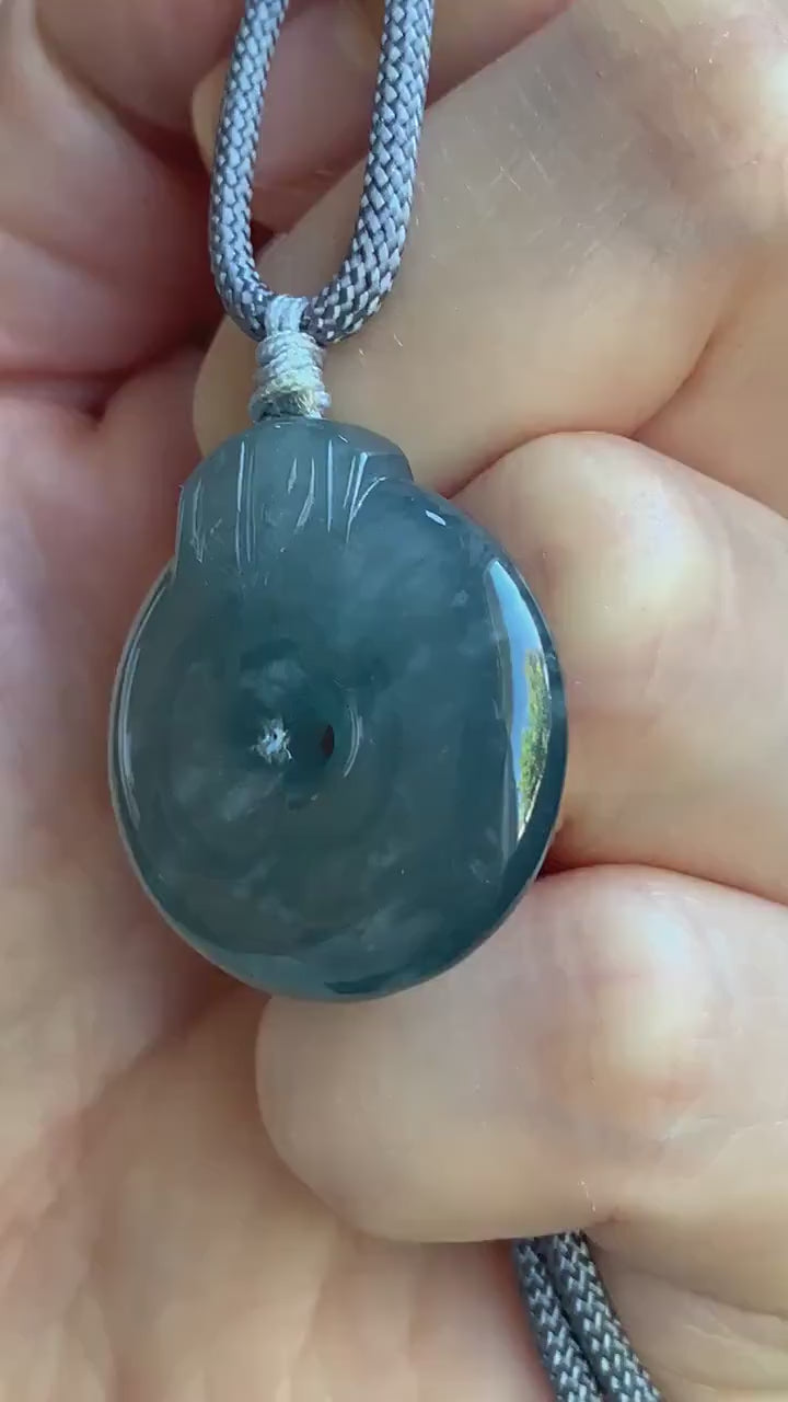 Natural Guatemalan Icy Highly Translucent Indigo Blue Blueberry Jadeite Retro Style Ping An Kou Donut Pendant Rope Necklace 天然老种冰危蓝莓翡翠平安扣吊坠