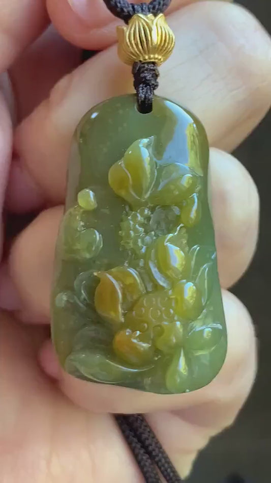 Natural Guatemalan Icy Translucent Dark Tea Yellow Marbled Jadeite Lotus Flower Praying Monk Pendant Rope Necklace 26” 天然冰危茶黄翡翠莲花悟道吊坠