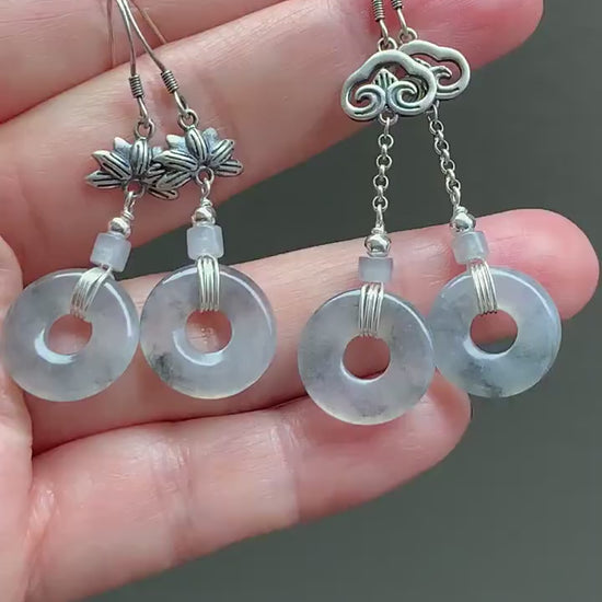 Natural Burmese Icy Translucent Gelatinous Wuji Jadeite Ping An Kou Donut Dangle Earrings Retro Style 925 Sterling Silver 天然缅甸A货冰胶乌鸡翡翠平安扣银耳吊