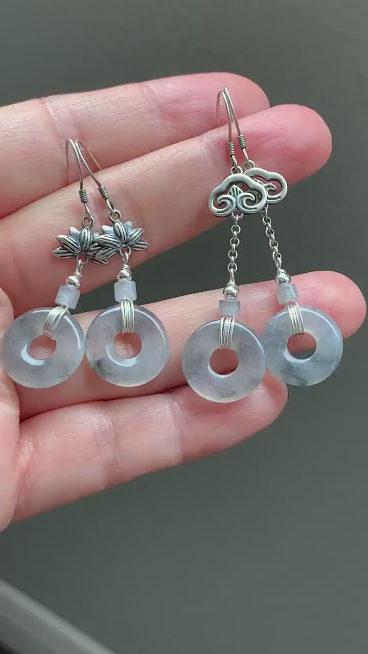 Natural Burmese Icy Translucent Gelatinous Wuji Jadeite Ping An Kou Donut Dangle Earrings Retro Style 925 Sterling Silver 天然缅甸A货冰胶乌鸡翡翠平安扣银耳吊