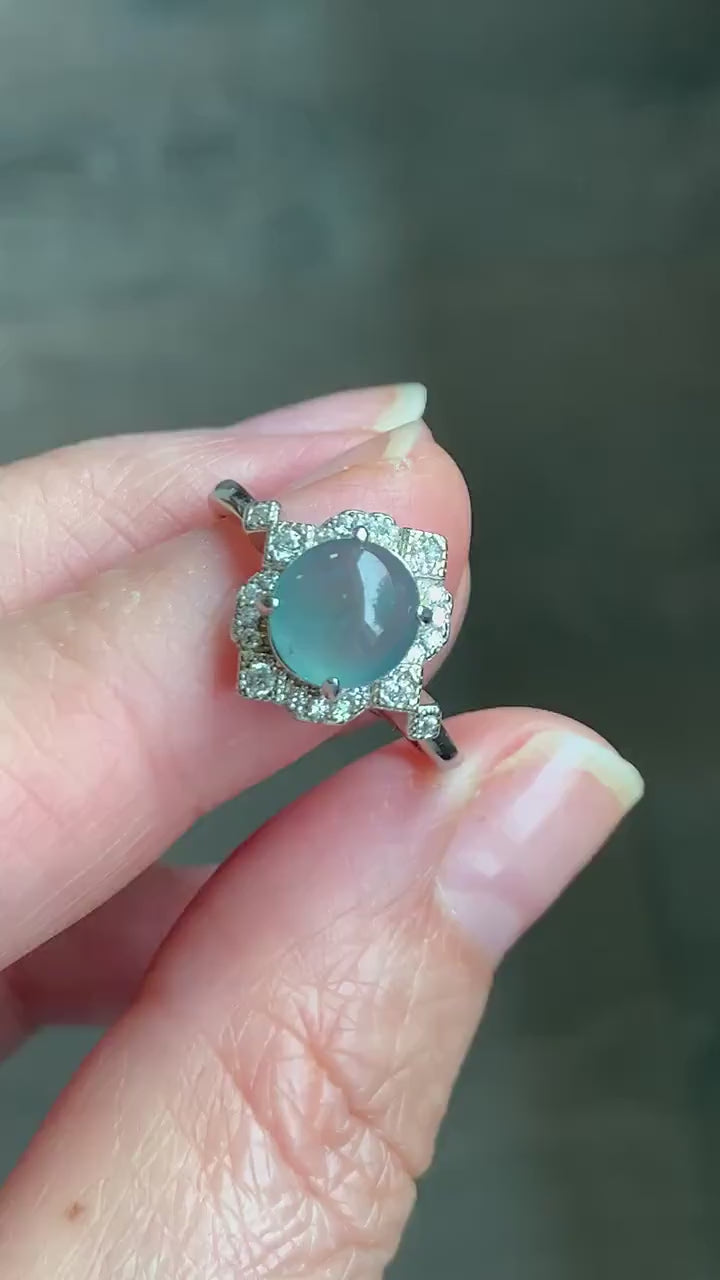 Natural Guatemalan Icy Highly Translucent Light Blue Jadeite Oval Solitaire Ring Sterling Silver Size 7 Adjustable 天然冰危淡蓝翡翠蛋面银镶戒指 WLH70