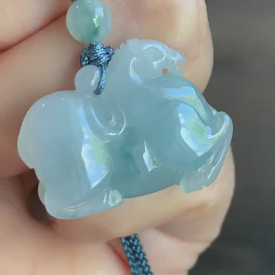 Natural Burmese Icy Translucent Gelatinous Light Blue Jadeite w/ Teal Marbling Pendant Carved Tang Horse Rope Necklace 天然缅甸冰胶蓝底飘蓝花翡翠唐马吊坠