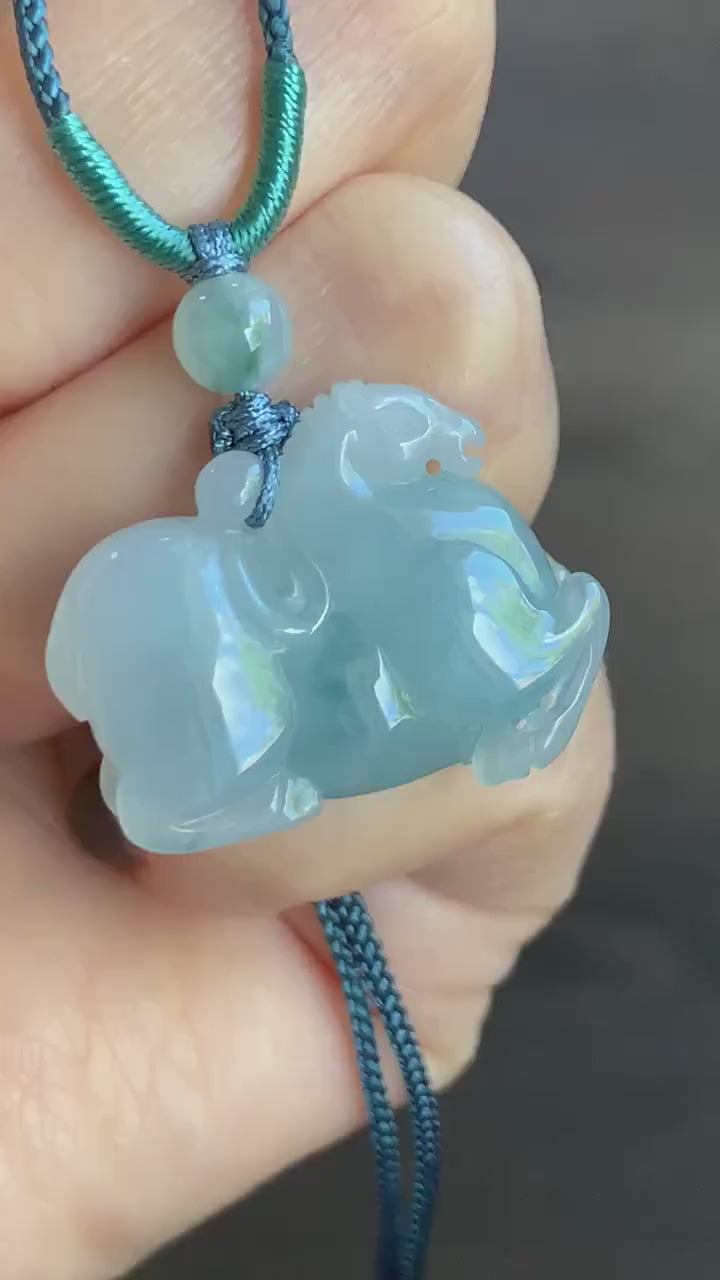 Natural Burmese Icy Translucent Gelatinous Light Blue Jadeite w/ Teal Marbling Pendant Carved Tang Horse Rope Necklace 天然缅甸冰胶蓝底飘蓝花翡翠唐马吊坠